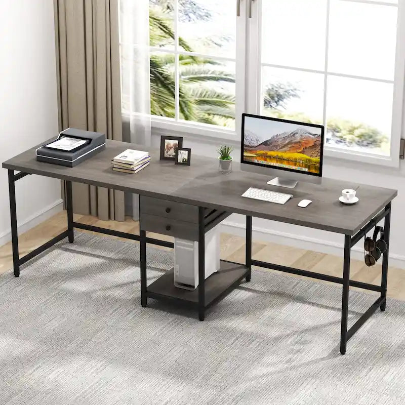 Bureau deux personnes 78" avec tiroirs et étagère de rangement, marron rustique / blanc / gris, style industriel, 2 personnes