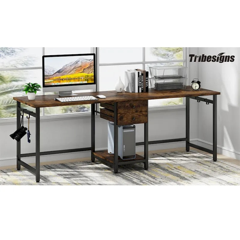Bureau deux personnes 78" avec tiroirs et étagère de rangement, marron rustique / blanc / gris, style industriel, 2 personnes