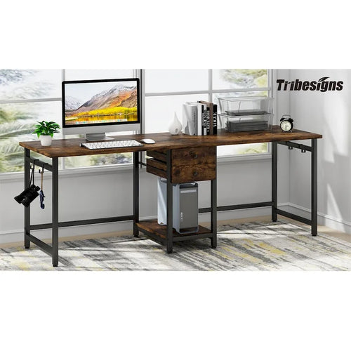 Bureau deux personnes 78" avec tiroirs et étagère de rangement, marron rustique / blanc / gris, style industriel, 2 personnes