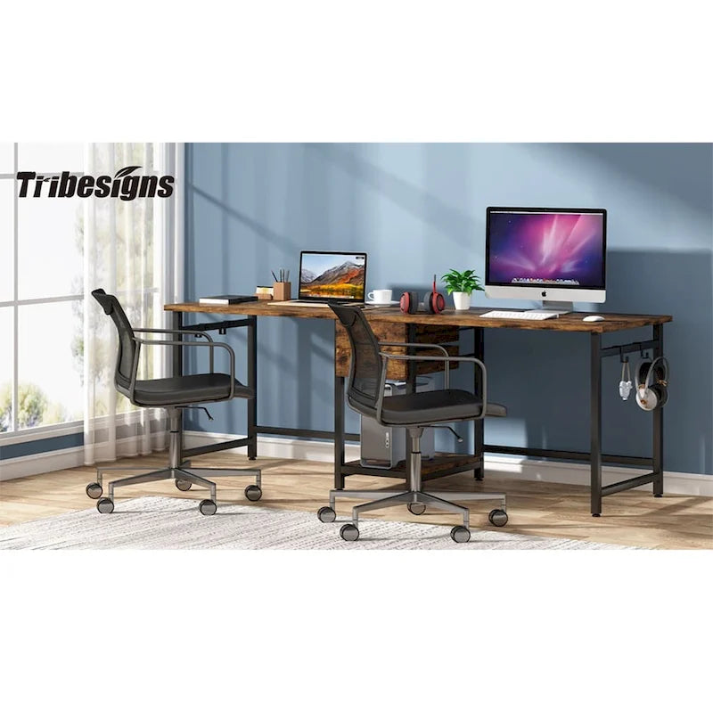 Bureau deux personnes 78" avec tiroirs et étagère de rangement, marron rustique / blanc / gris, style industriel, 2 personnes