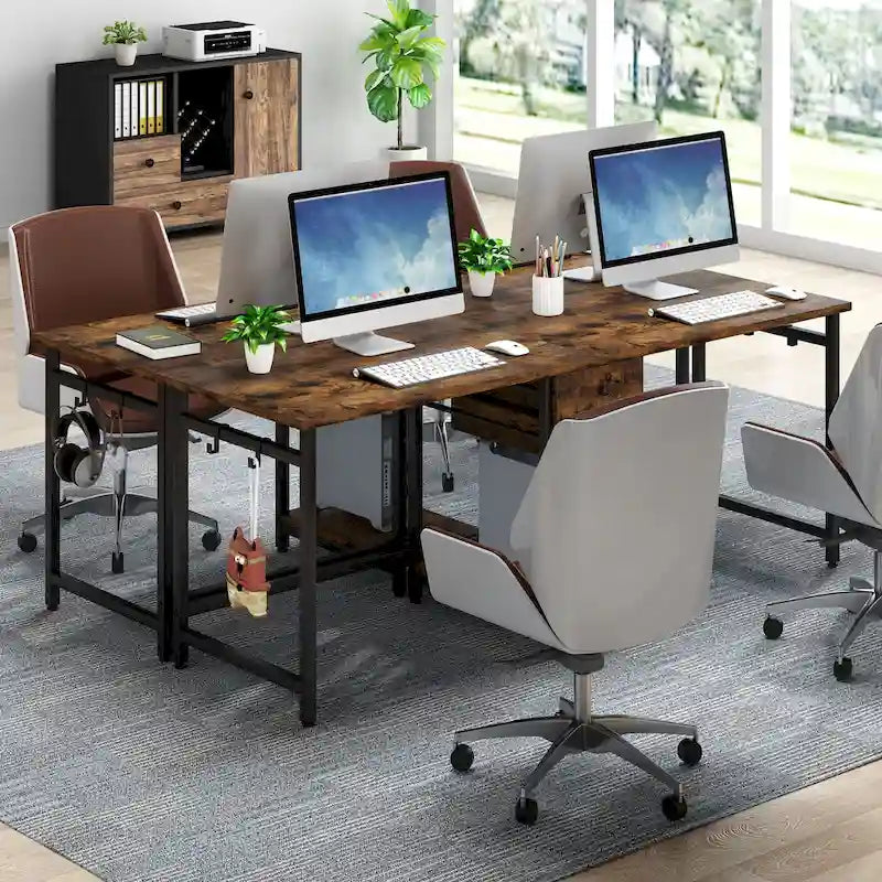 Bureau deux personnes 78" avec tiroirs et étagère de rangement, marron rustique / blanc / gris, style industriel, 2 personnes