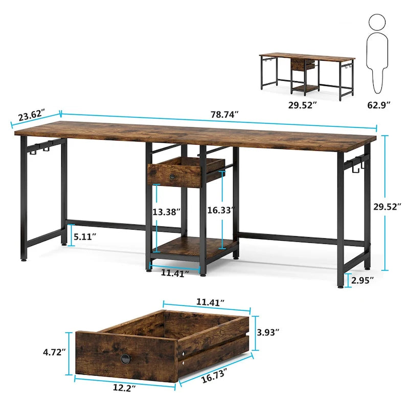Bureau deux personnes 78" avec tiroirs et étagère de rangement, marron rustique / blanc / gris, style industriel, 2 personnes