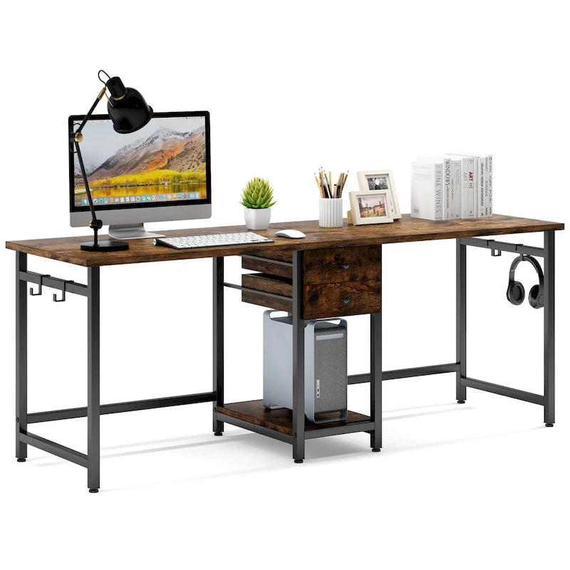Bureau deux personnes 78" avec tiroirs et étagère de rangement, marron rustique / blanc / gris, style industriel, 2 personnes
