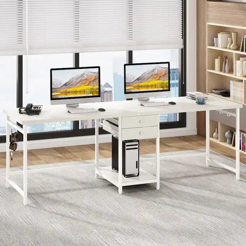 Bureau deux personnes 78" avec tiroirs et étagère de rangement, marron rustique / blanc / gris, style industriel, 2 personnes