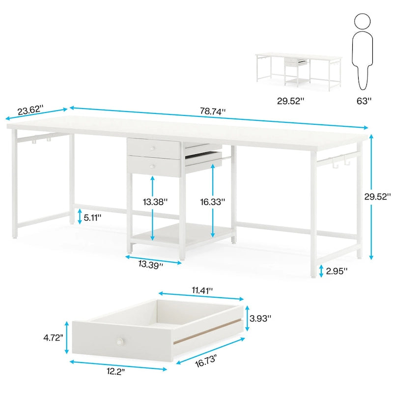 Bureau deux personnes 78" avec tiroirs et étagère de rangement, marron rustique / blanc / gris, style industriel, 2 personnes