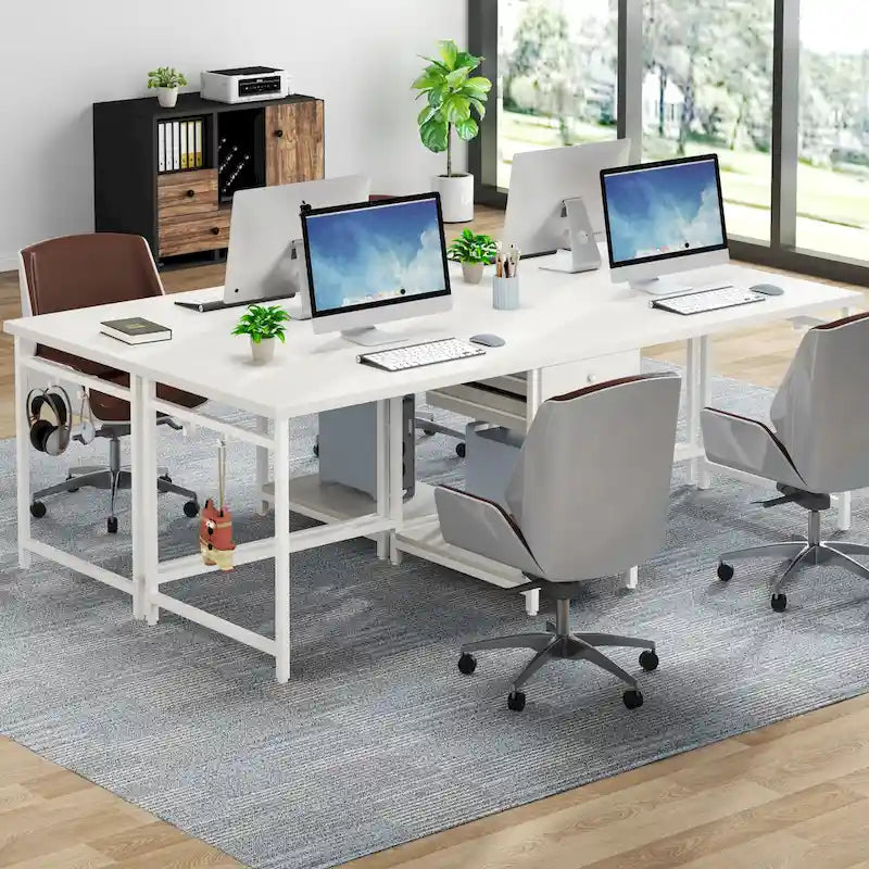 Bureau deux personnes 78" avec tiroirs et étagère de rangement, marron rustique / blanc / gris, style industriel, 2 personnes