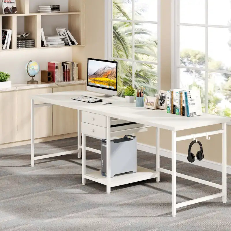 Bureau deux personnes 78" avec tiroirs et étagère de rangement, marron rustique / blanc / gris, style industriel, 2 personnes