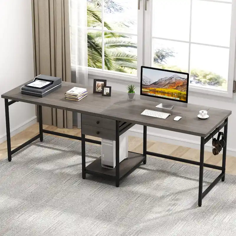 Bureau deux personnes 78" avec tiroirs et étagère de rangement, marron rustique / blanc / gris, style industriel, 2 personnes