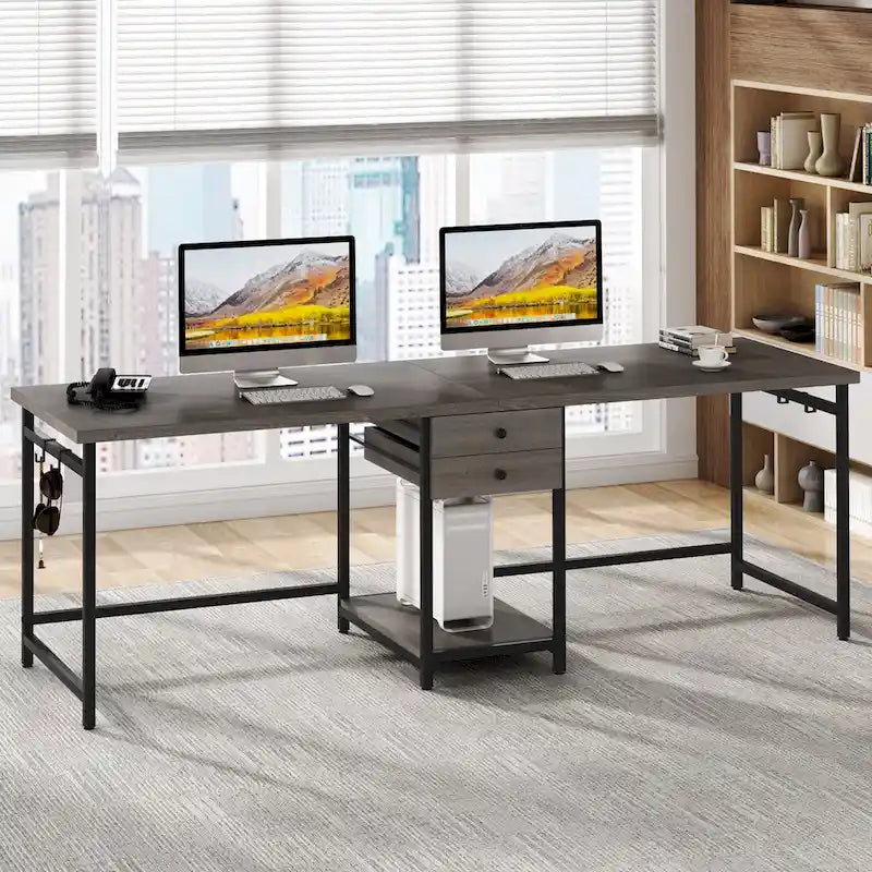 Bureau deux personnes 78" avec tiroirs et étagère de rangement, marron rustique / blanc / gris, style industriel, 2 personnes