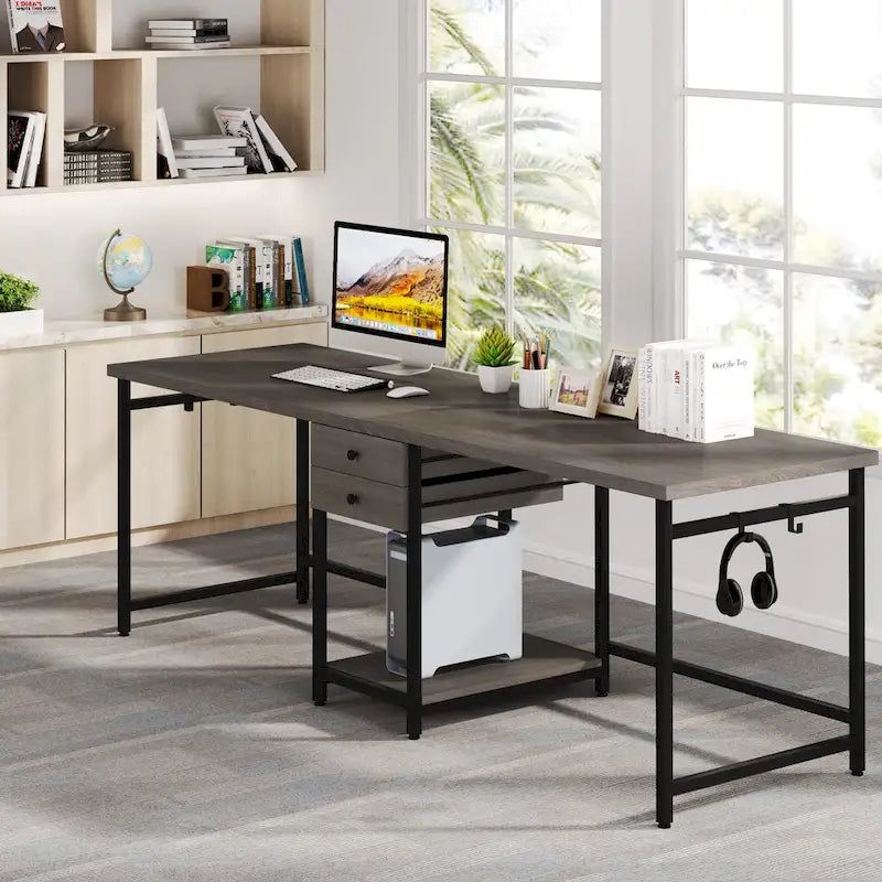 Bureau deux personnes 78" avec tiroirs et étagère de rangement, marron rustique / blanc / gris, style industriel, 2 personnes
