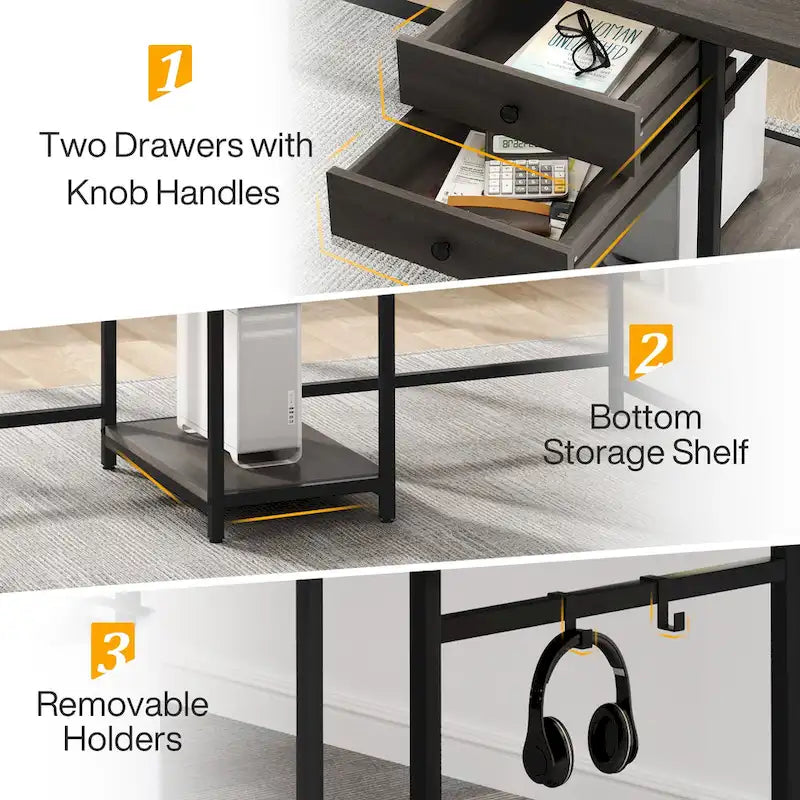 Bureau deux personnes 78" avec tiroirs et étagère de rangement, marron rustique / blanc / gris, style industriel, 2 personnes