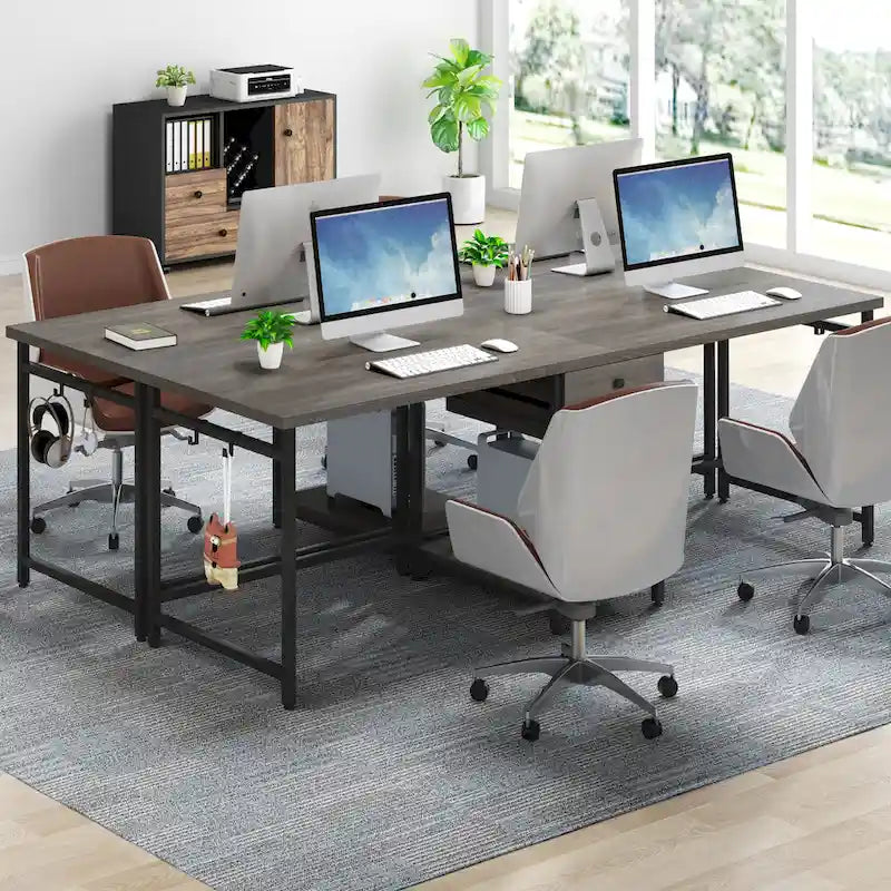 Bureau deux personnes 78" avec tiroirs et étagère de rangement, marron rustique / blanc / gris, style industriel, 2 personnes