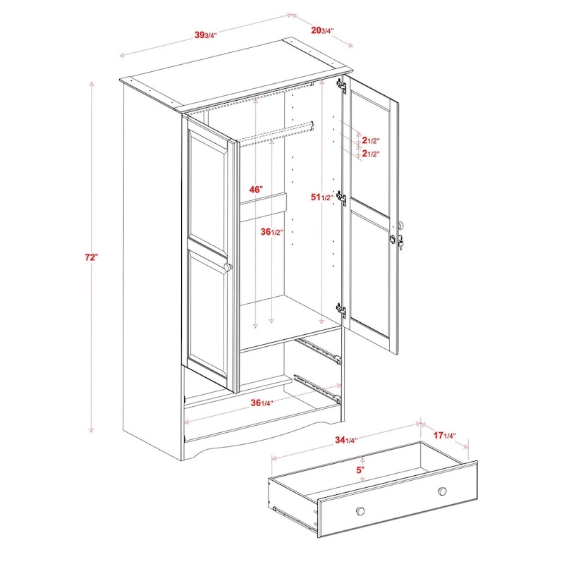 Armoire en bois massif avec 2 tiroirs et tringle à vêtements, pin miel / java / acajou / moka / blanc, style contemporain, 1 personne