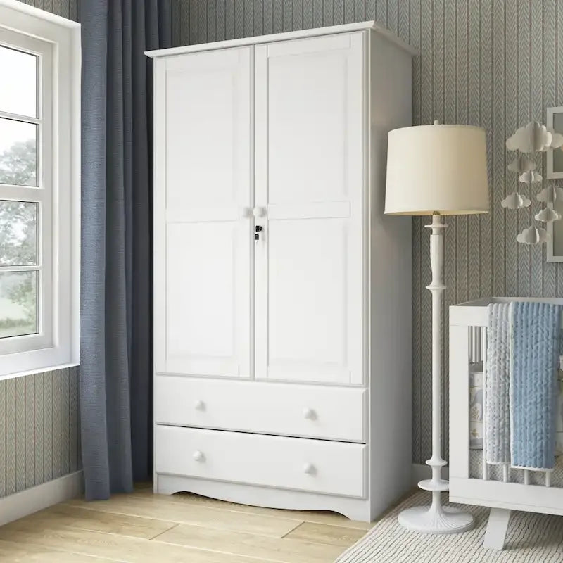 Armoire en bois massif avec 2 tiroirs et tringle à vêtements, pin miel / java / acajou / moka / blanc, style contemporain, 1 personne