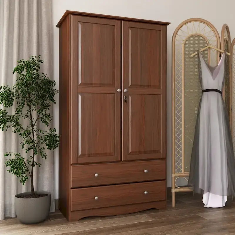 Armoire en bois massif avec 2 tiroirs et tringle à vêtements, pin miel / java / acajou / moka / blanc, style contemporain, 1 personne