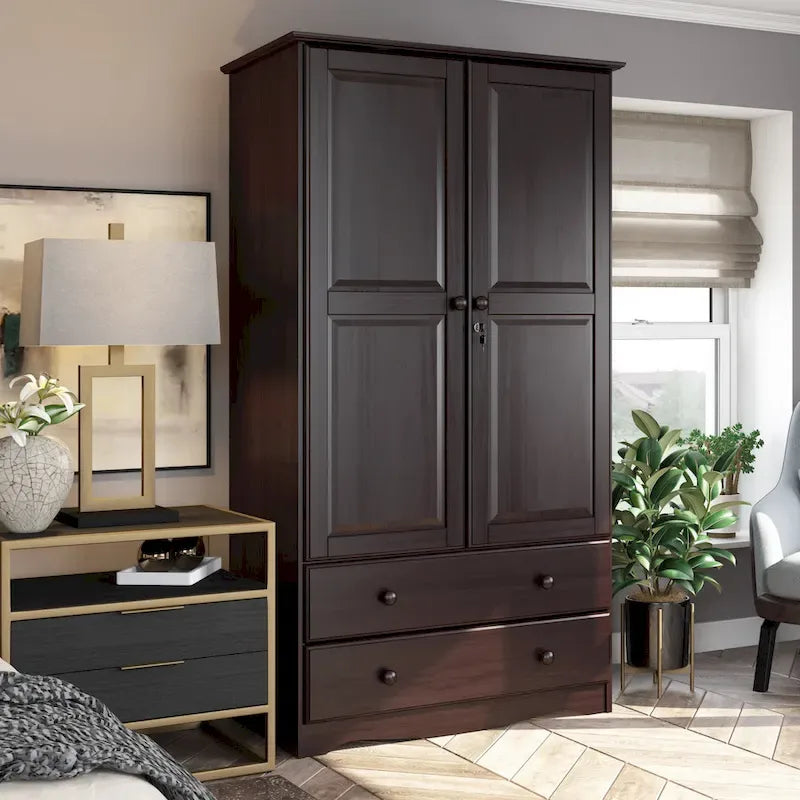 Armoire en bois massif avec 2 tiroirs et tringle à vêtements, pin miel / java / acajou / moka / blanc, style contemporain, 1 personne