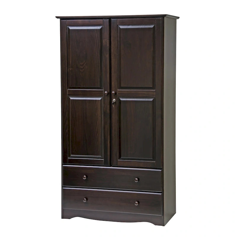Armoire en bois massif avec 2 tiroirs et tringle à vêtements, pin miel / java / acajou / moka / blanc, style contemporain, 1 personne