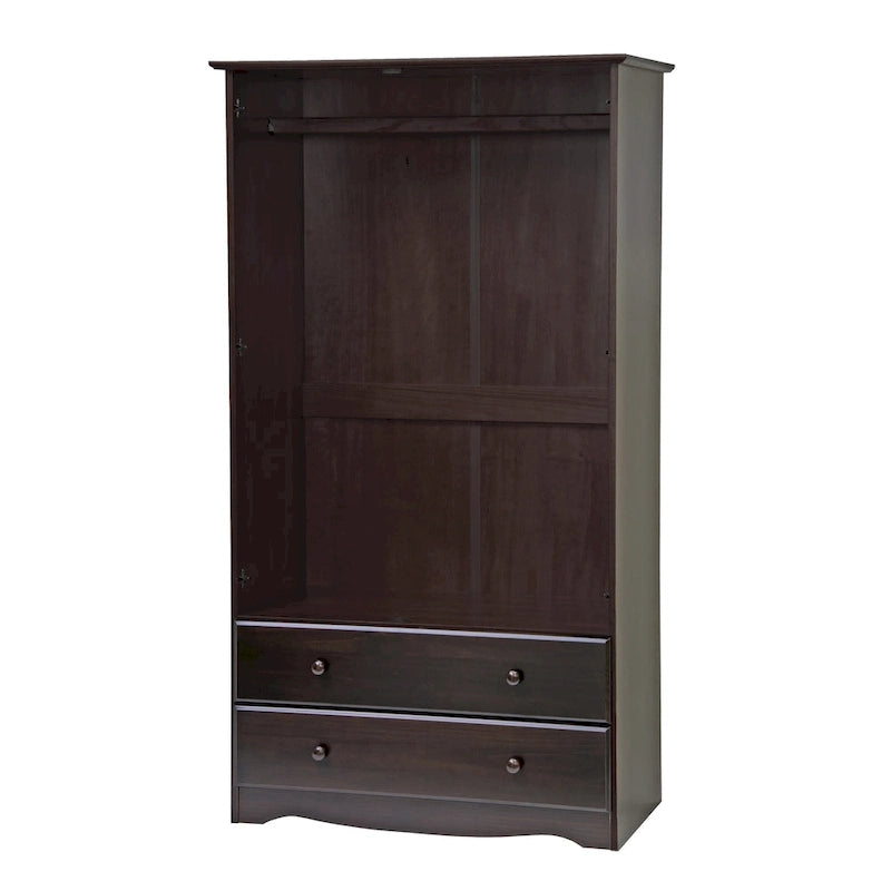Armoire en bois massif avec 2 tiroirs et tringle à vêtements, pin miel / java / acajou / moka / blanc, style contemporain, 1 personne