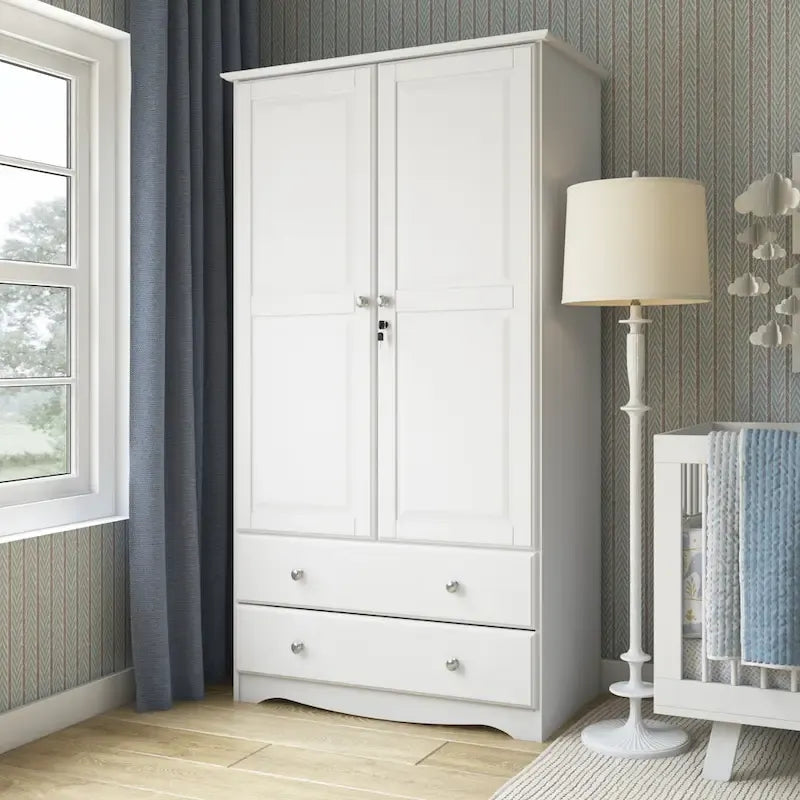 Armoire en bois massif avec 2 tiroirs et tringle à vêtements, pin miel / java / acajou / moka / blanc, style contemporain, 1 personne