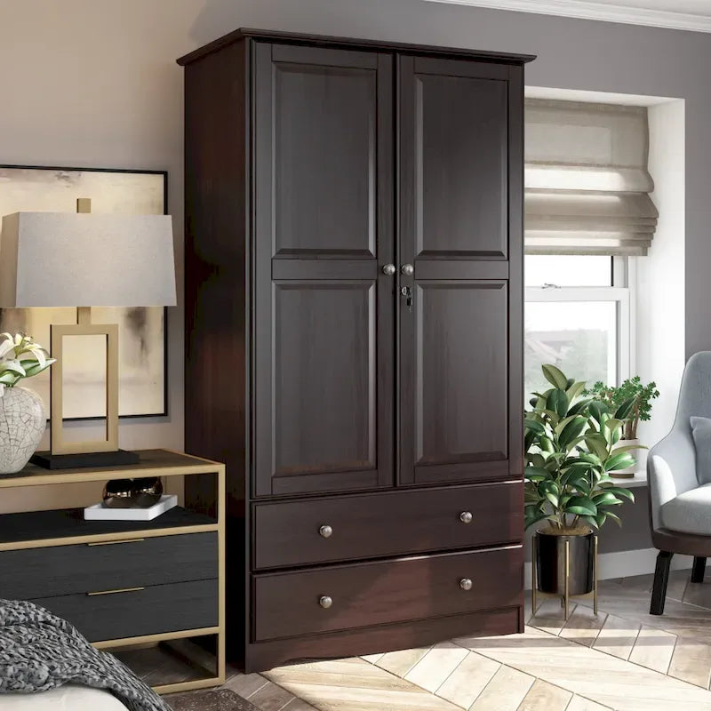 Armoire en bois massif avec 2 tiroirs et tringle à vêtements, pin miel / java / acajou / moka / blanc, style contemporain, 1 personne