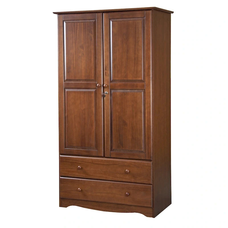 Armoire en bois massif avec 2 tiroirs et tringle à vêtements, pin miel / java / acajou / moka / blanc, style contemporain, 1 personne