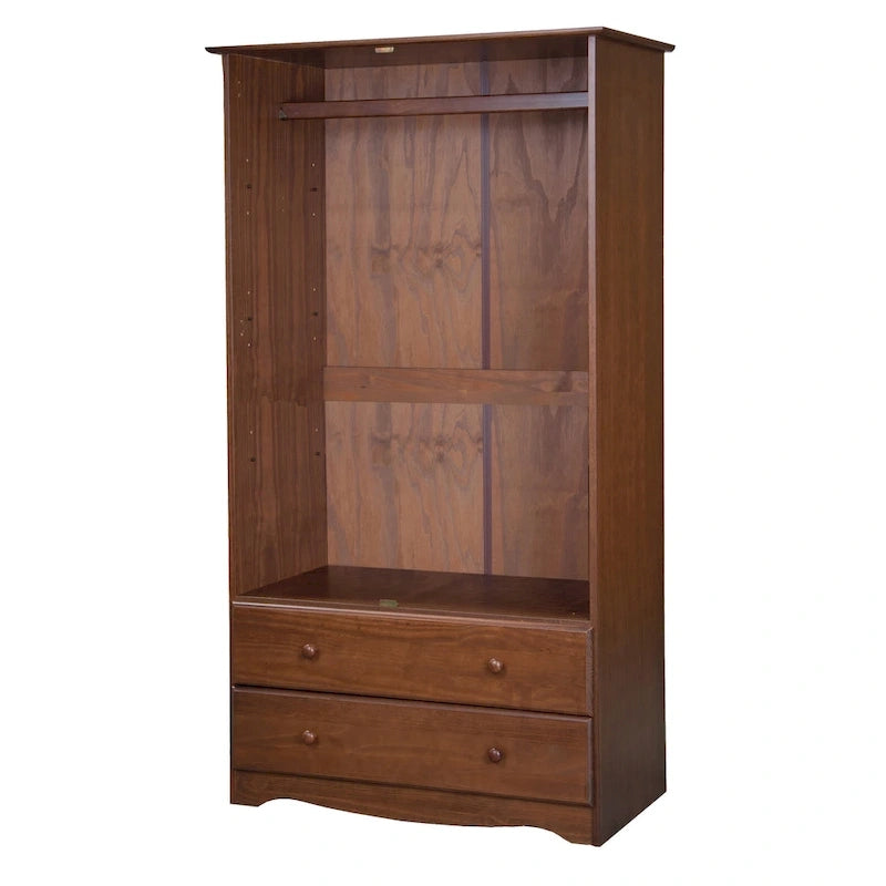 Armoire en bois massif avec 2 tiroirs et tringle à vêtements, pin miel / java / acajou / moka / blanc, style contemporain, 1 personne