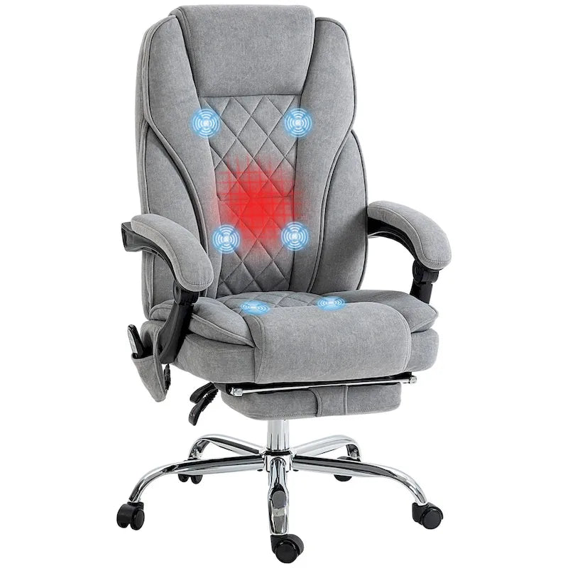 Fauteuil de bureau massant avec 6 points de vibration, repose-pieds et chaleur lombaire, gris, ergonomique et inclinable, 1 place