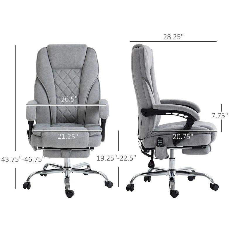 Fauteuil de bureau massant avec 6 points de vibration, repose-pieds et chaleur lombaire, gris, ergonomique et inclinable, 1 place