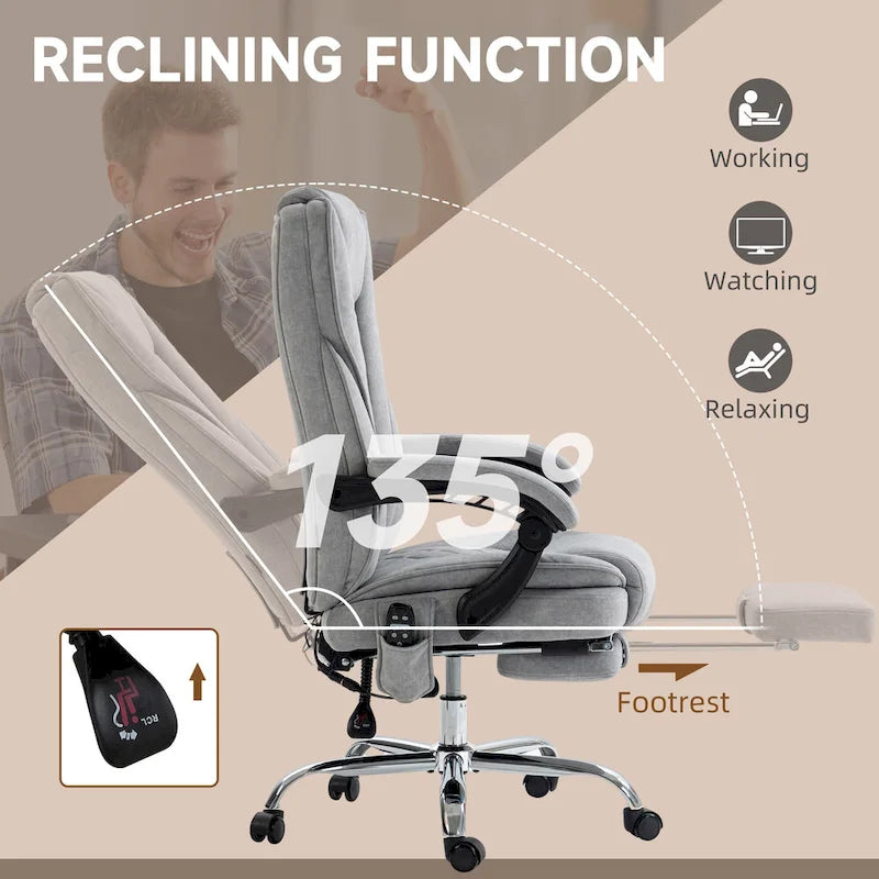 Fauteuil de bureau massant avec 6 points de vibration, repose-pieds et chaleur lombaire, gris, ergonomique et inclinable, 1 place
