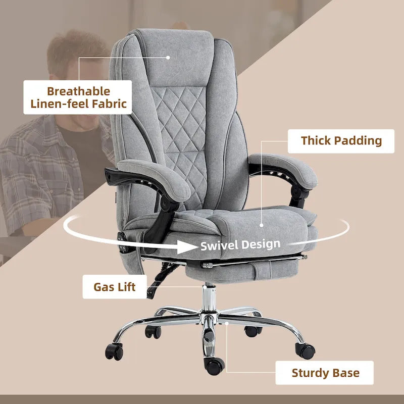 Fauteuil de bureau massant avec 6 points de vibration, repose-pieds et chaleur lombaire, gris, ergonomique et inclinable, 1 place