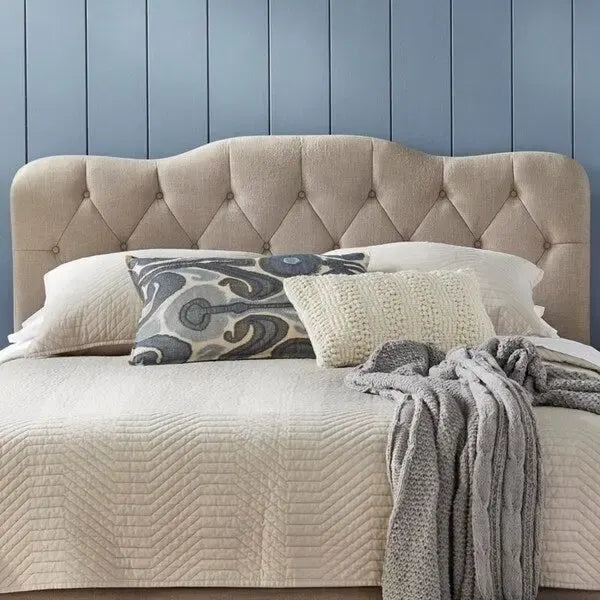 Tête de lit Queen capitonnée, Velours gris / Lin sable / Velours blanc, Style traditionnel Camelback, Lit 1 personne
