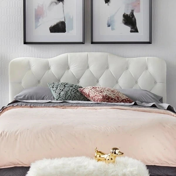 Tête de lit Queen capitonnée, Velours gris / Lin sable / Velours blanc, Style traditionnel Camelback, Lit 1 personne