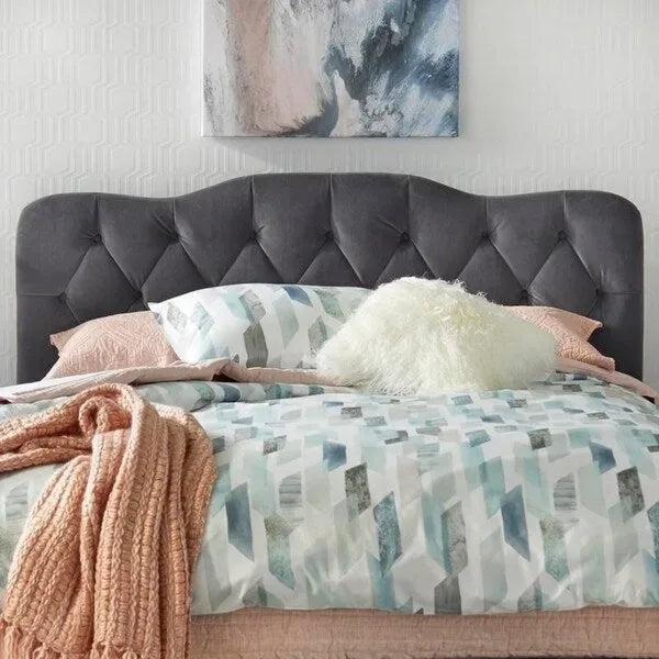 Tête de lit Queen capitonnée, Velours gris / Lin sable / Velours blanc, Style traditionnel Camelback, Lit 1 personne
