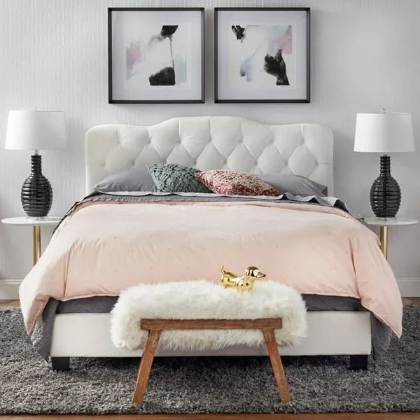 Tête de lit Queen capitonnée, Velours gris / Lin sable / Velours blanc, Style traditionnel Camelback, Lit 1 personne