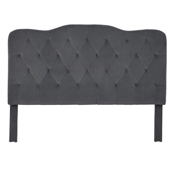 Tête de lit Queen capitonnée, Velours gris / Lin sable / Velours blanc, Style traditionnel Camelback, Lit 1 personne