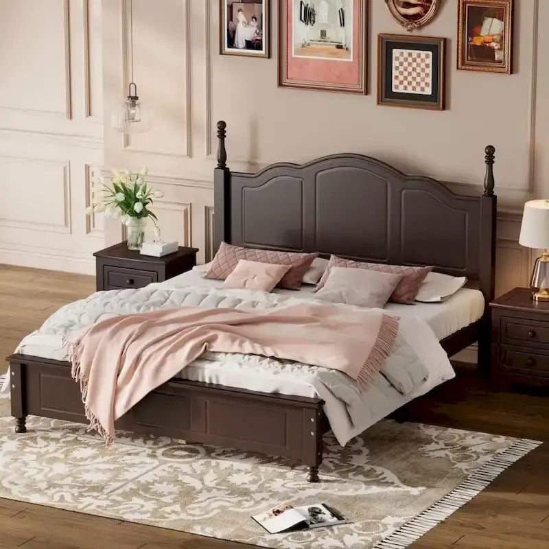 Lit plateforme en bois Queen noyer foncé/blanc avec tête de lit rétro