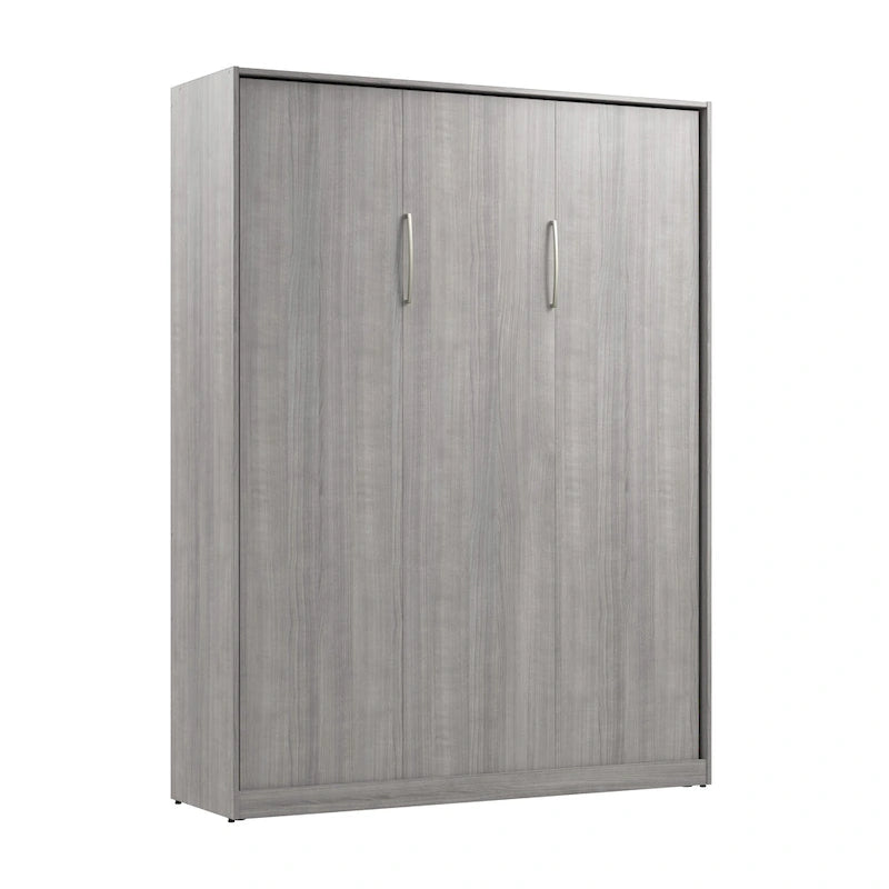 Lit escamotable Queen 65" avec armoire, Blanc / Chêne Espresso / Gris Platine, Style moderne, 1 personne