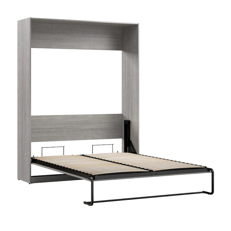 Lit escamotable Queen 65" avec armoire, Blanc / Chêne Espresso / Gris Platine, Style moderne, 1 personne