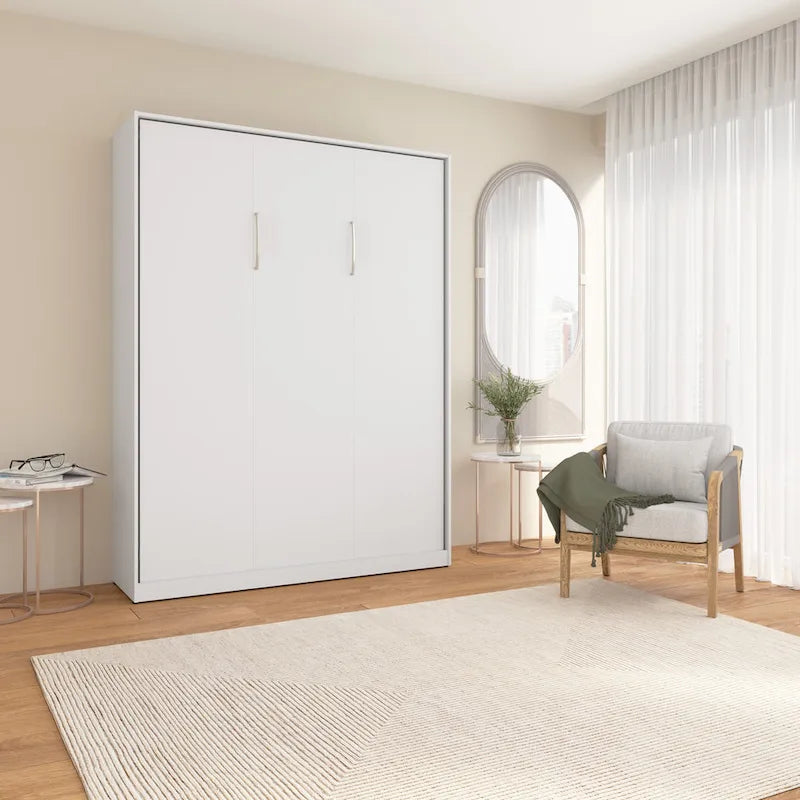 Lit escamotable Queen 65" avec armoire, Blanc / Chêne Espresso / Gris Platine, Style moderne, 1 personne