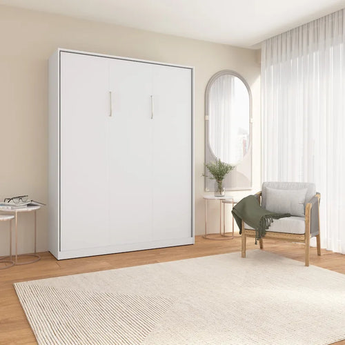 Lit escamotable Queen 65" avec armoire, Blanc / Chêne Espresso / Gris Platine, Style moderne, 1 personne