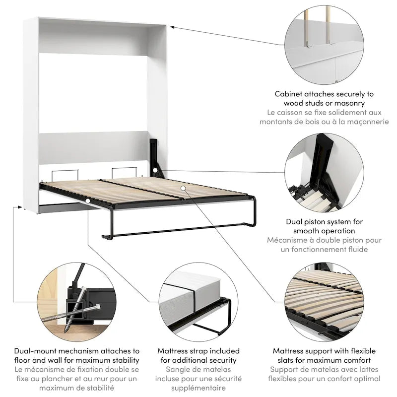 Lit escamotable Queen 65" avec armoire, Blanc / Chêne Espresso / Gris Platine, Style moderne, 1 personne