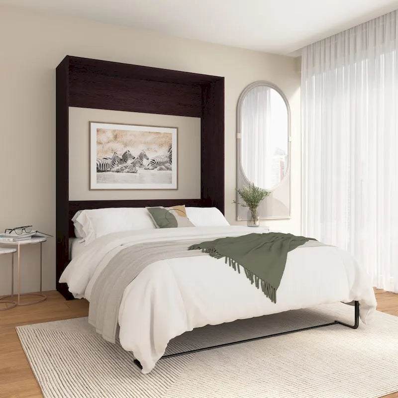 Lit escamotable Queen 65" avec armoire, Blanc / Chêne Espresso / Gris Platine, Style moderne, 1 personne