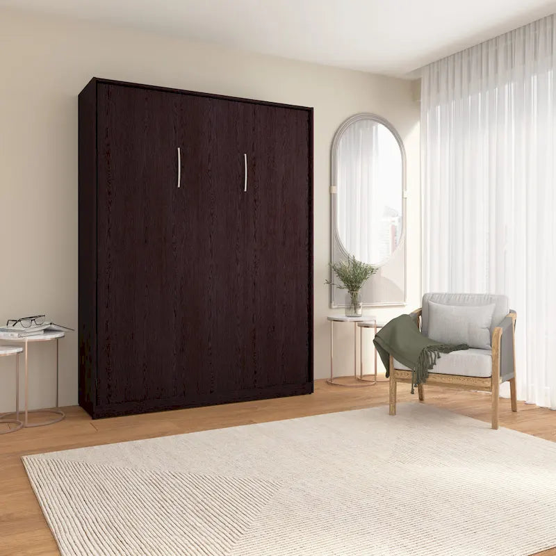 Lit escamotable Queen 65" avec armoire, Blanc / Chêne Espresso / Gris Platine, Style moderne, 1 personne