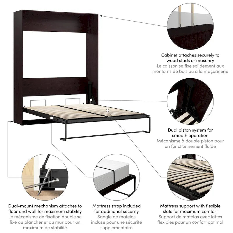 Lit escamotable Queen 65" avec armoire, Blanc / Chêne Espresso / Gris Platine, Style moderne, 1 personne