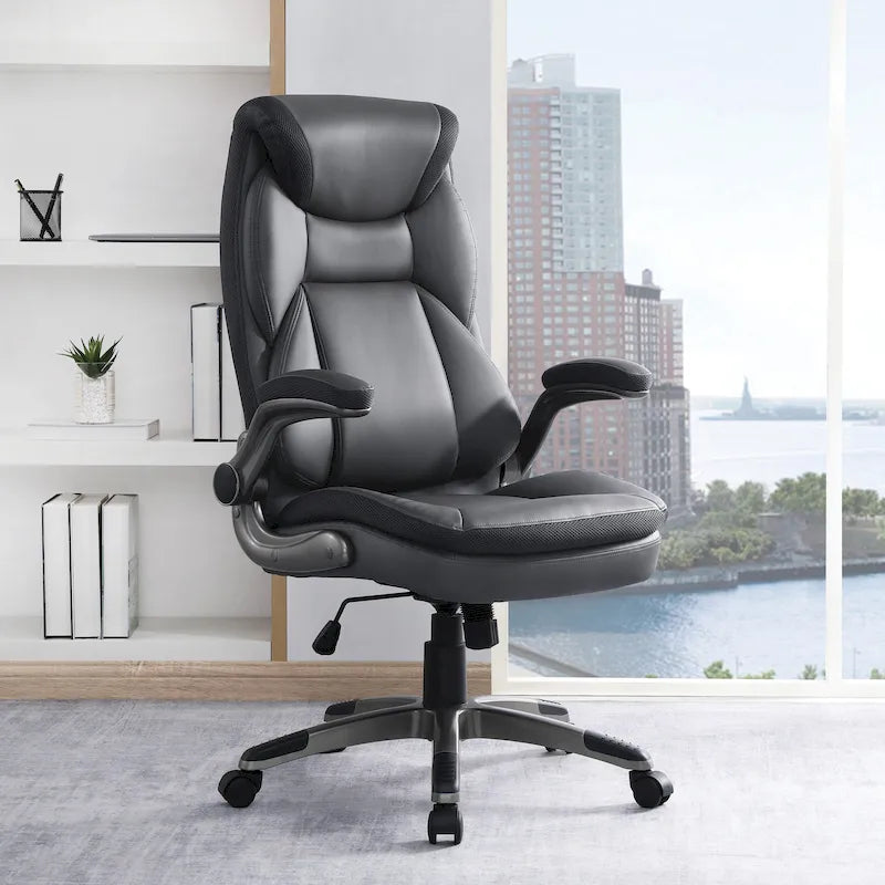 Fauteuil de bureau de direction en cuir reconstitué avec support lombaire, taupe / noir / anthracite, style ergonomique, 1 personne