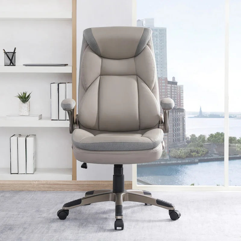 Fauteuil de bureau de direction en cuir reconstitué avec support lombaire, taupe / noir / anthracite, style ergonomique, 1 personne