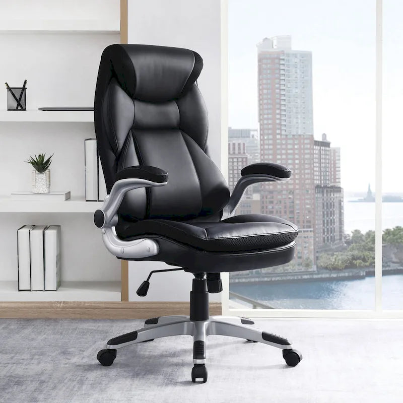 Fauteuil de bureau de direction en cuir reconstitué avec support lombaire, taupe / noir / anthracite, style ergonomique, 1 personne