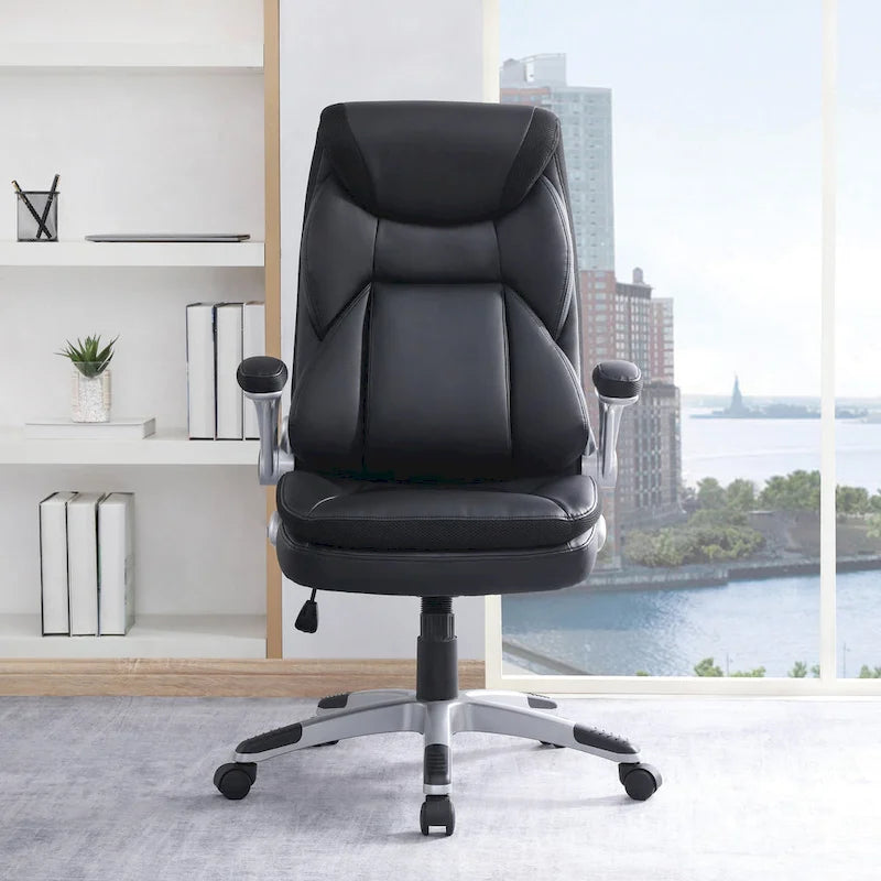 Fauteuil de bureau de direction en cuir reconstitué avec support lombaire, taupe / noir / anthracite, style ergonomique, 1 personne