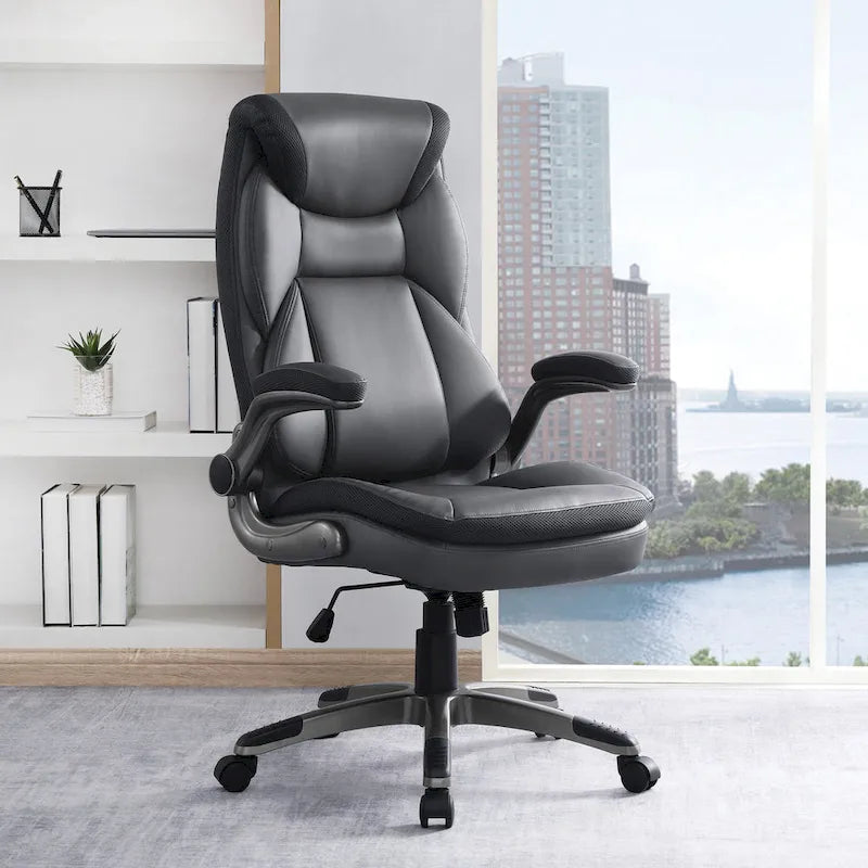 Fauteuil de bureau de direction en cuir reconstitué avec support lombaire, taupe / noir / anthracite, style ergonomique, 1 personne