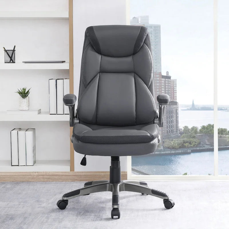 Fauteuil de bureau de direction en cuir reconstitué avec support lombaire, taupe / noir / anthracite, style ergonomique, 1 personne